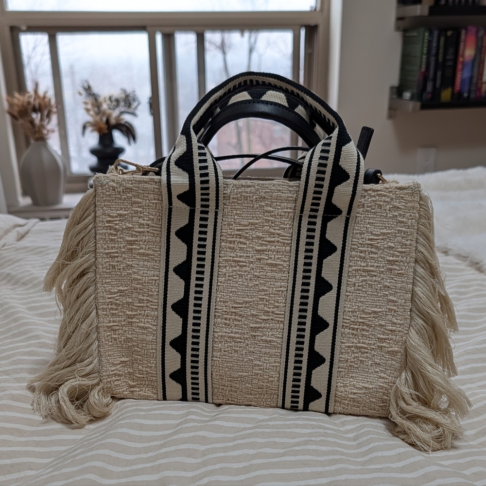 Stylish Cream Fringe Tote Bag